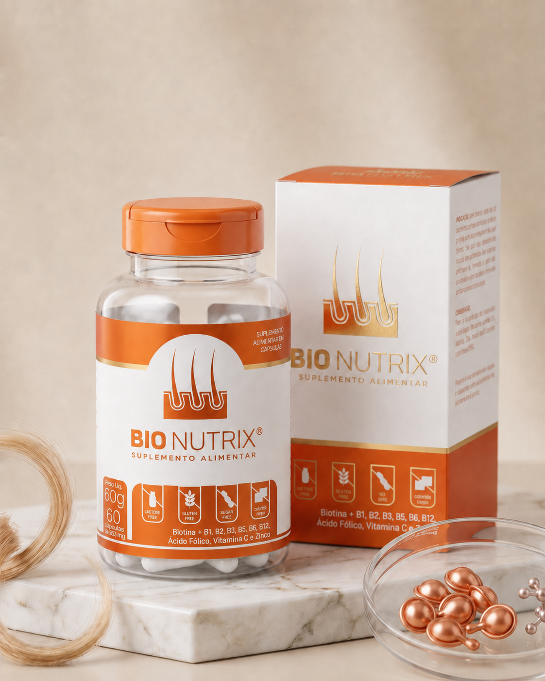 Frasco e caixa do suplemento alimentar BIONUTRIX com 60 cápsulas